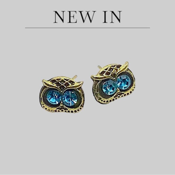 💝 New Blue Rhinestone Whimsical Owl Head Earrings Gold Tone Alloy Stud Earring - Picture 4 of 5